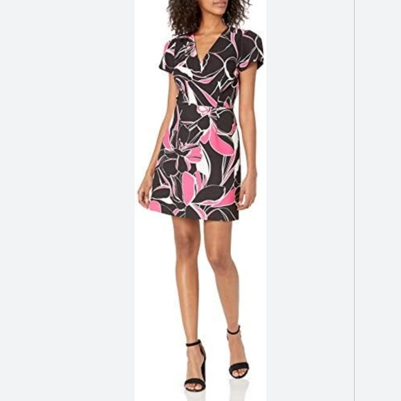Milly Atalie Stencil Black and Pink Floral Short Sleeve V-neck Mini‎ Dress - Picture 1 of 9